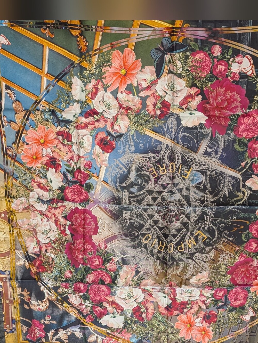 Floral Medallion Silk Scarf in Pink, Coral, Navy
